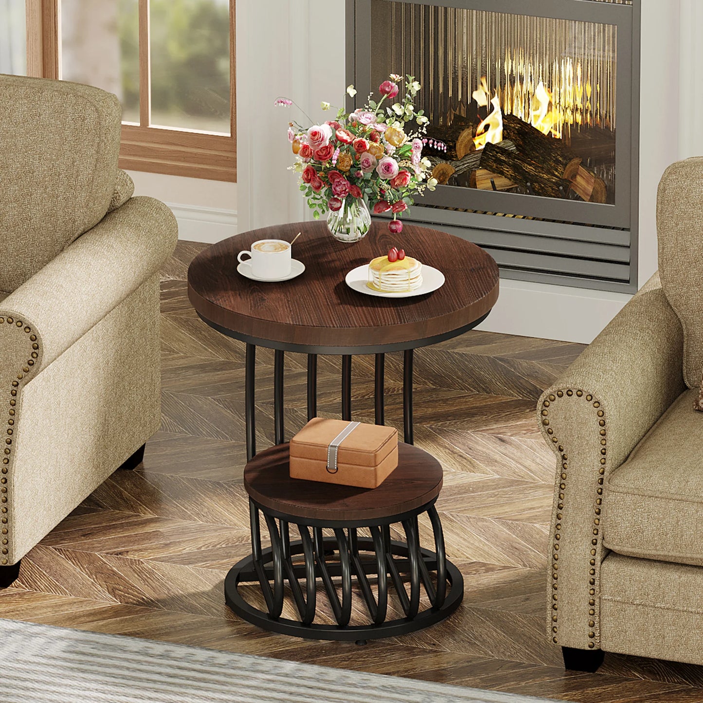 Tribesigns Gold Round End Table: 2 Tiers Faux Marble Side Table with Storage Shelf