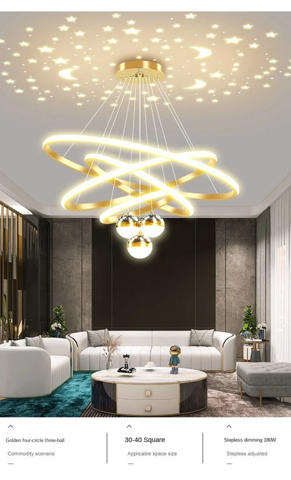 Ring Chandelier with Moon Stars Creative Black/Gold Ring Circle LED Chandelier for Bedroom Dining Room