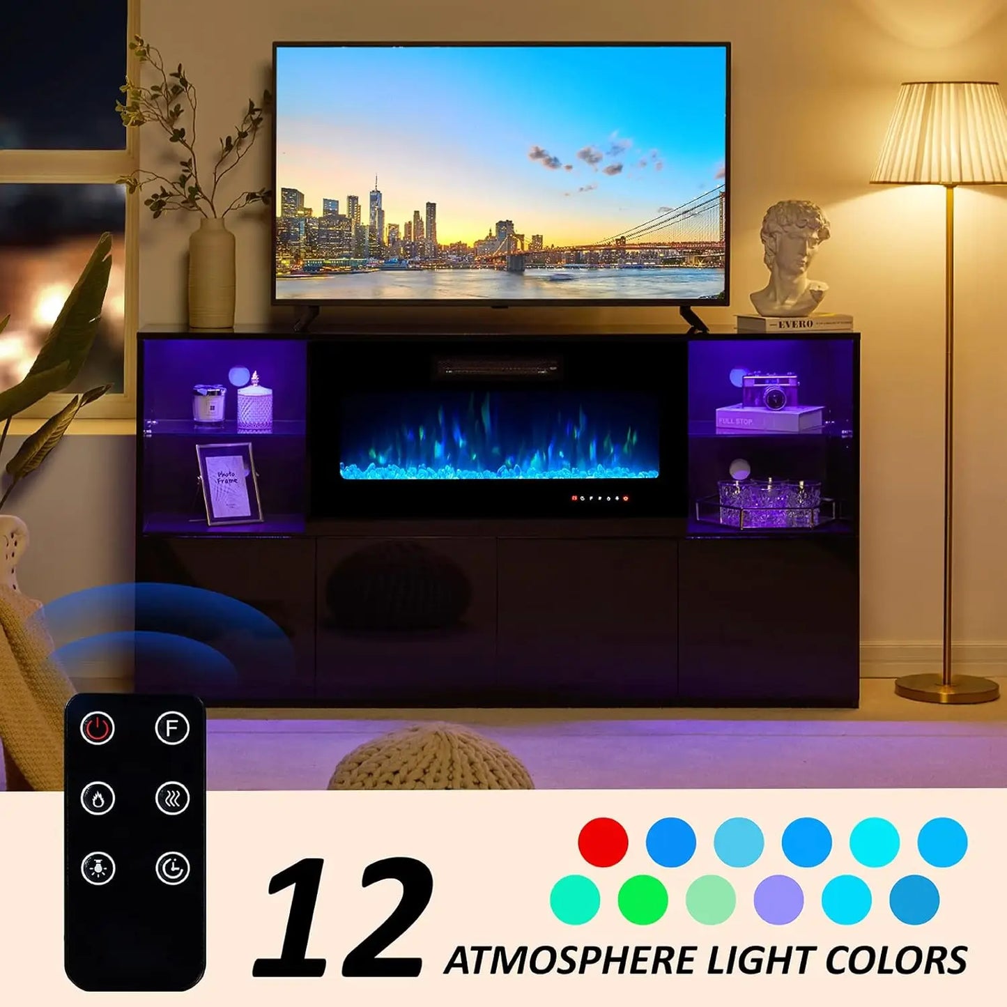 68" High Gloss Fireplace TV Stand with 40" LED Insert, Glass Shelves, Black, Customized