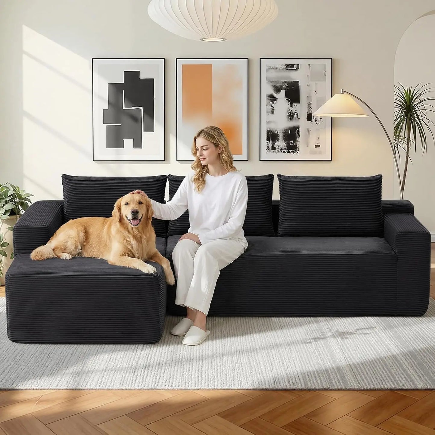 97" Modular Sectional Sofa L-Shape Chaise Deep Seat Corduroy  Left Facing No Assembly, Custom