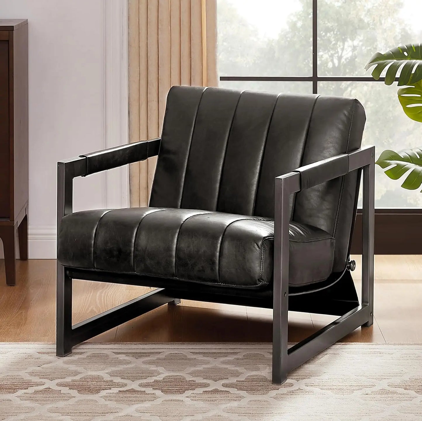 Genuine Leathe Mid Century Armchair Black Metal Frame, Customized