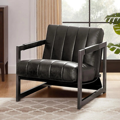 Genuine Leathe Mid Century Armchair Black Metal Frame, Customized