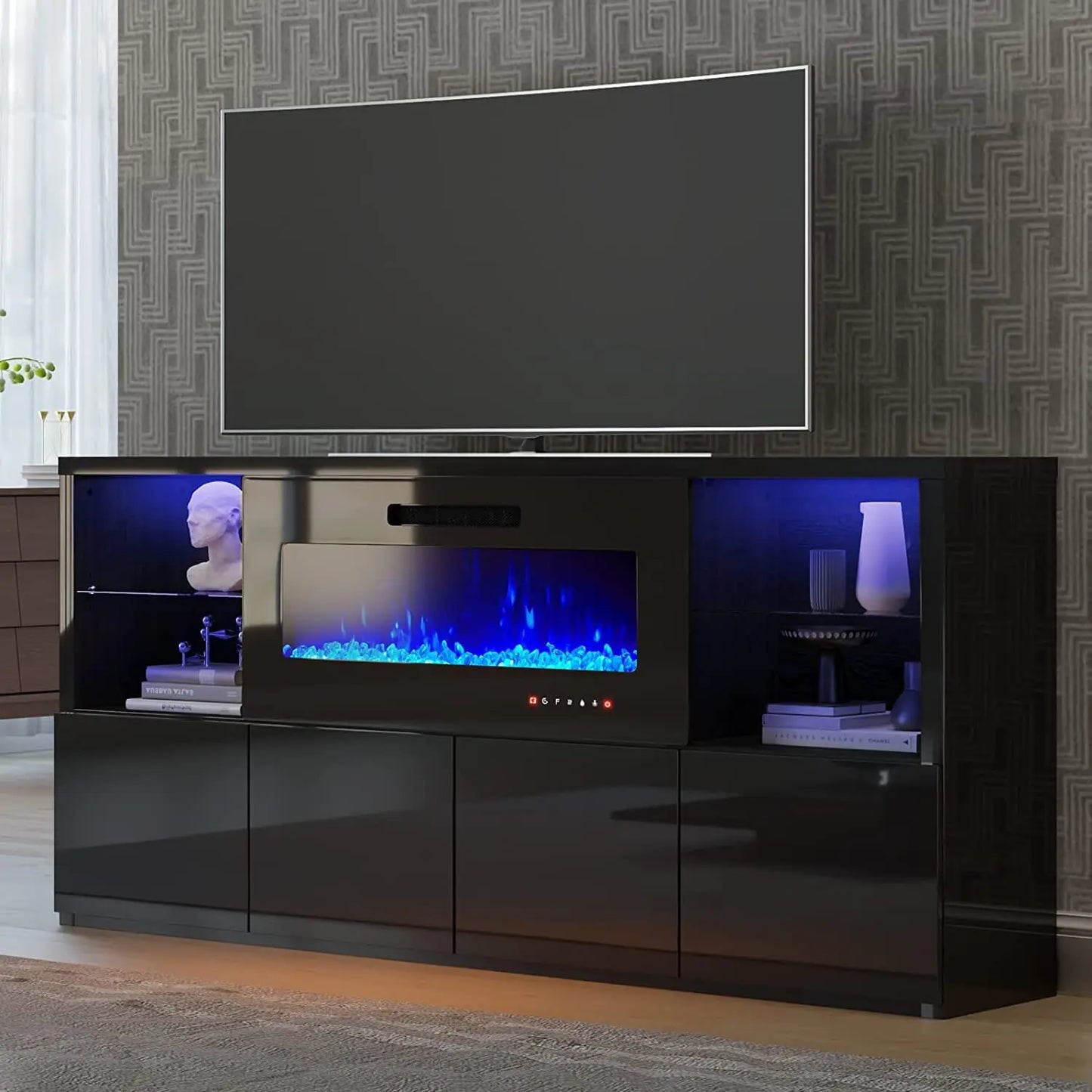 68" High Gloss Fireplace TV Stand with 40" LED Insert, Glass Shelves, Black, Customized