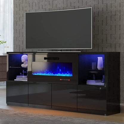68" High Gloss Fireplace TV Stand with 40" LED Insert, Glass Shelves, Black, Customized