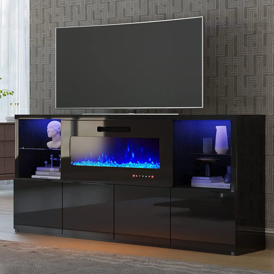 68" High Gloss Fireplace TV Stand with 40" LED Insert, Glass Shelves, Black, Customized