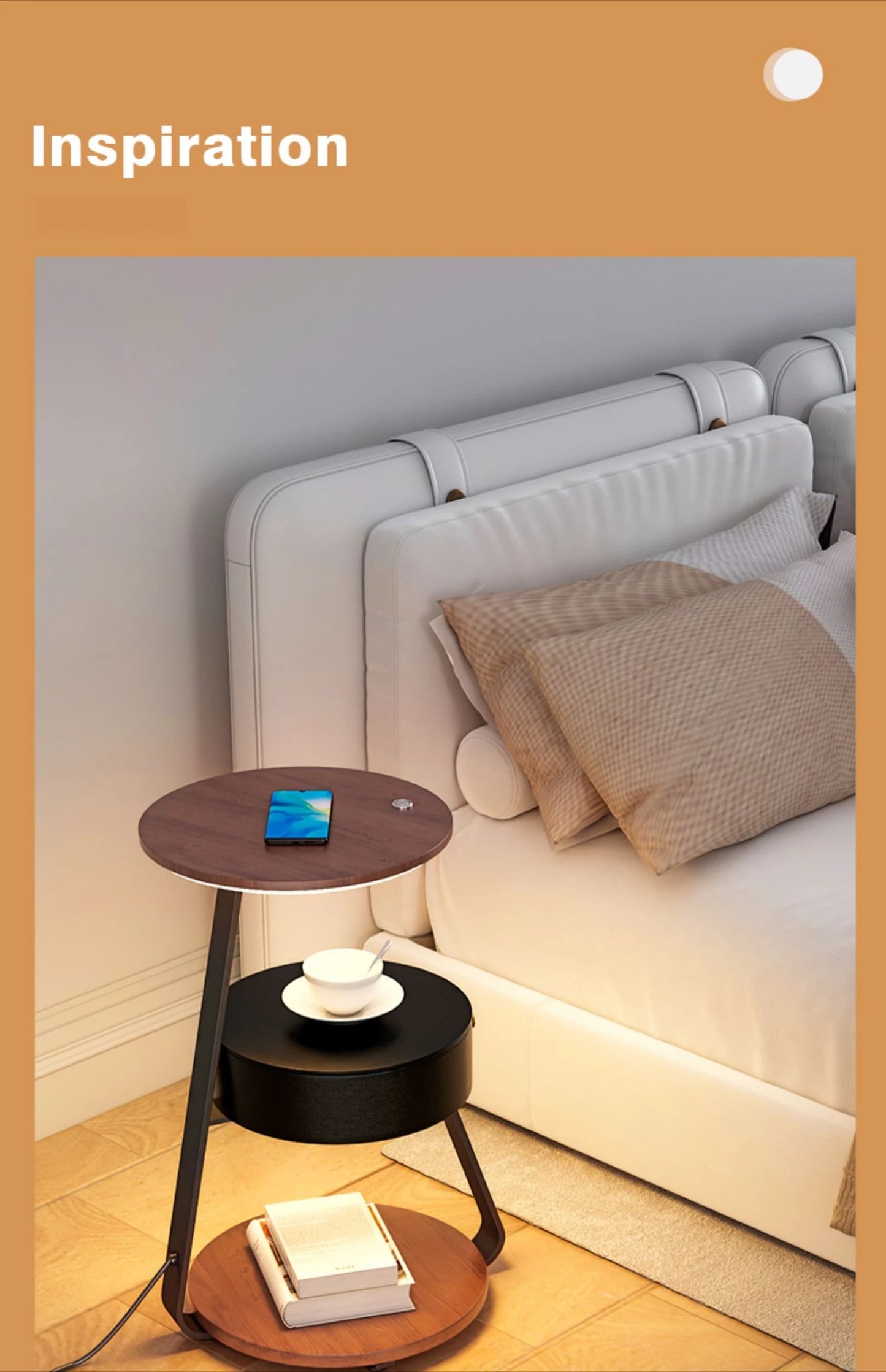 Bedroom Minimalist Nightstands Small Space Round  Table With Wireless Charger