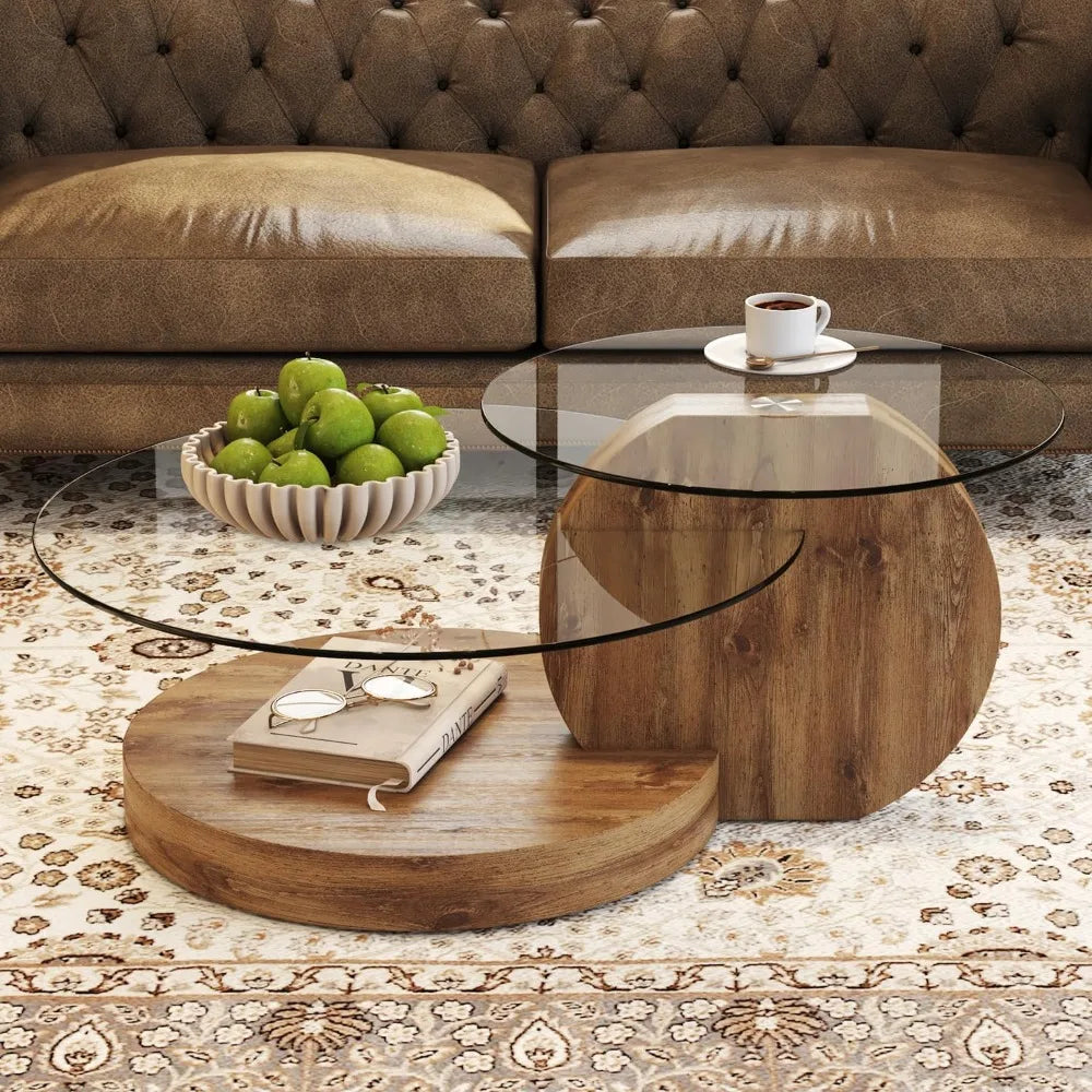 Preferred 42 Inches Round Tempered Glass Coffee Tables for Living Room, 3-Tier Circle Wood