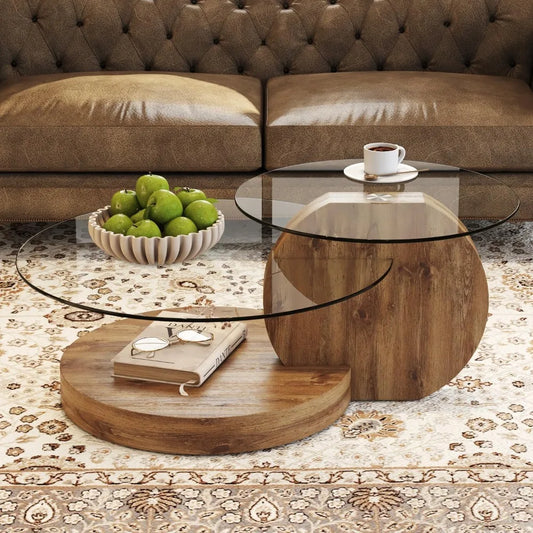 Preferred 42 Inches Round Tempered Glass Coffee Tables for Living Room, 3-Tier Circle Wood