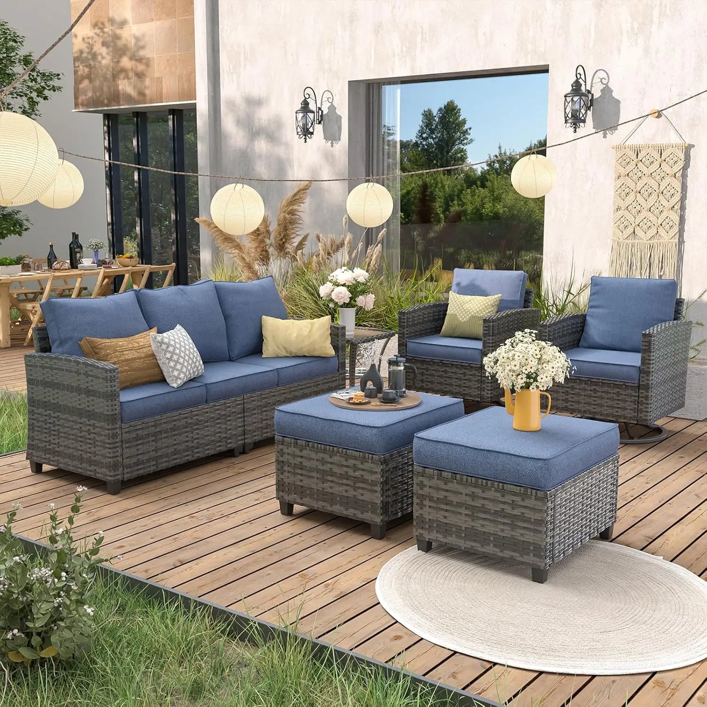 6pc PE Rattan Sectional Sofa, Swivel Chair & Side Table 4" Cushions