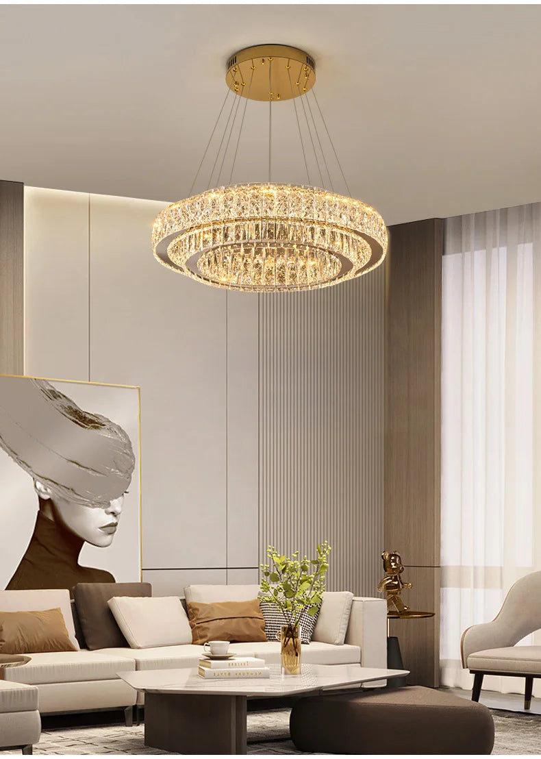 Luxury Gold Ring LED Crystal Chandeliers  Living Dining Room Villa Decoration, Pendant Lights