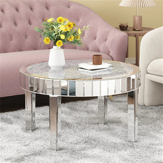 FATIVO Large Round Mirrored Coffee Table Beveled,