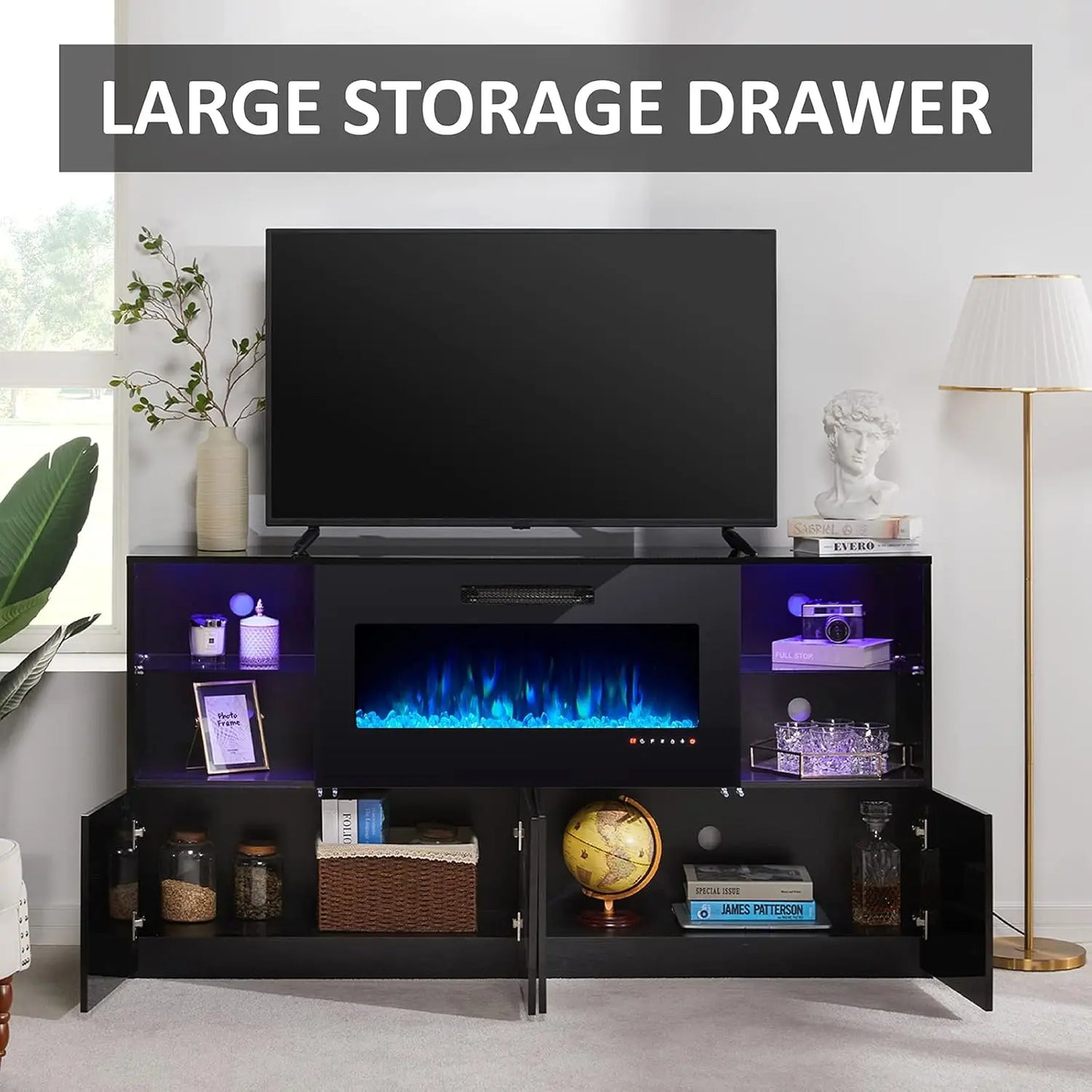 68" High Gloss Fireplace TV Stand with 40" LED Insert, Glass Shelves, Black, Customized