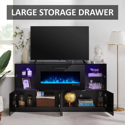 68" High Gloss Fireplace TV Stand with 40" LED Insert, Glass Shelves, Black, Customized