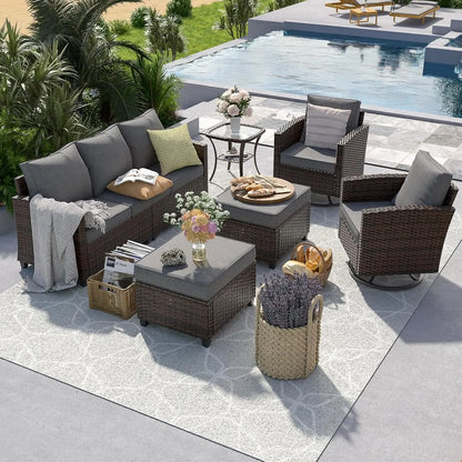 6pc PE Rattan Sectional Sofa, Swivel Chair & Side Table 4" Cushions