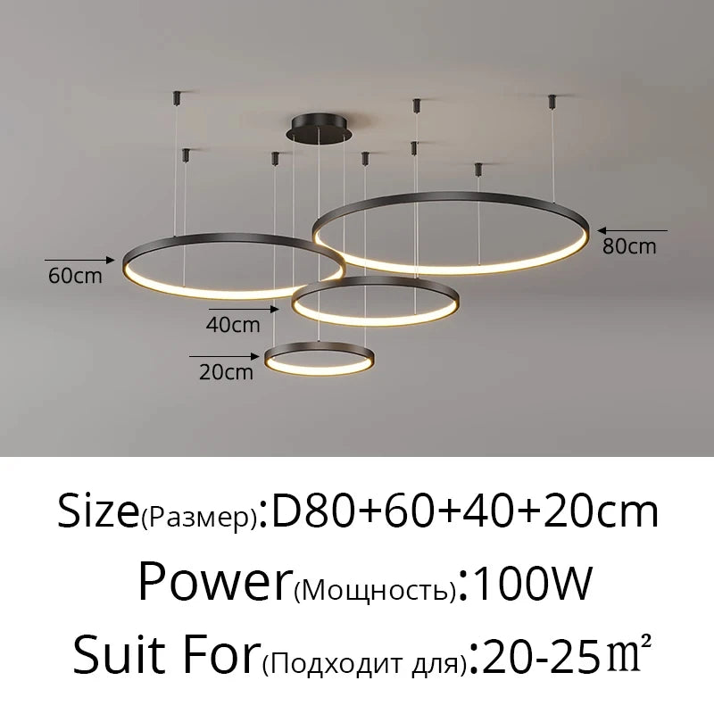 Black Rings Simple Style Modern Pendant Light,  Minimalist Chandelier Living room Dimmable Remote Lamp