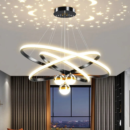 Ring Chandelier with Moon Stars Creative Black/Gold Ring Circle LED Chandelier