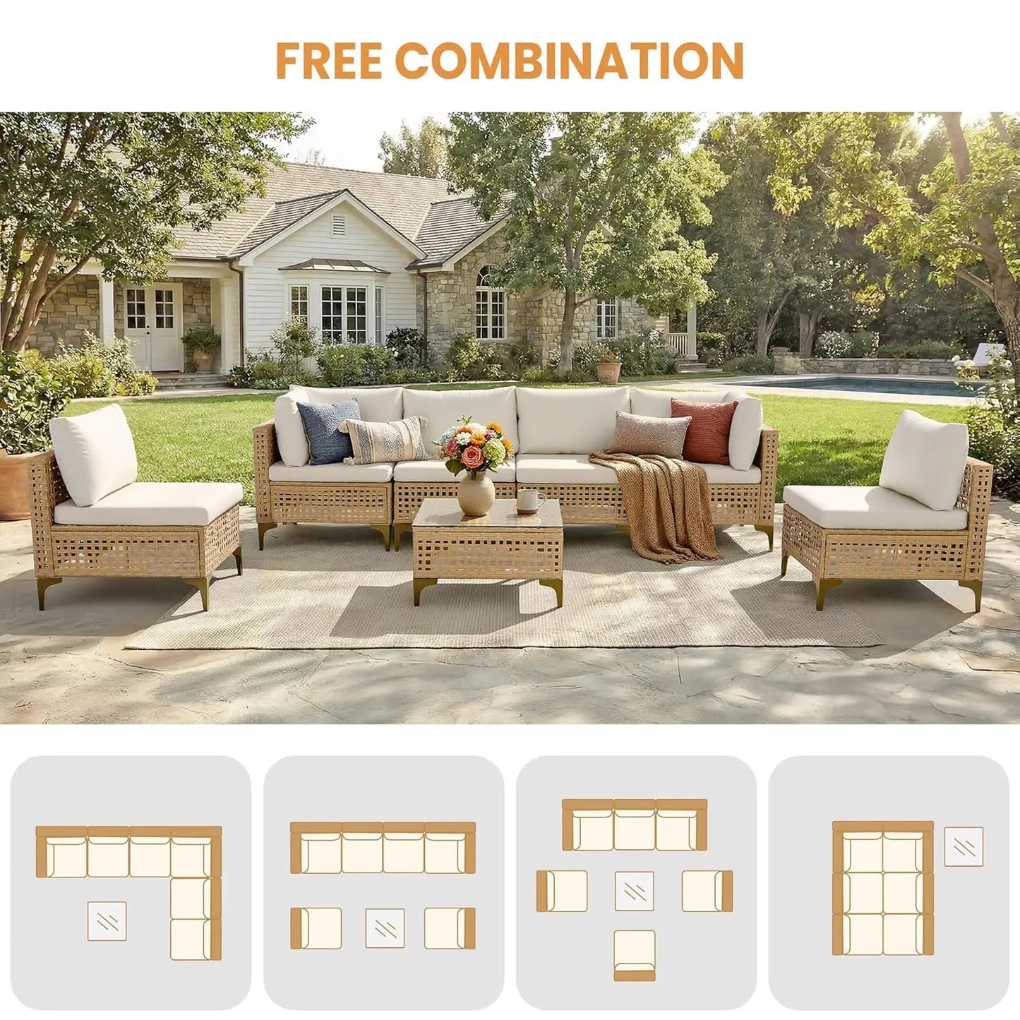 7-Piece Wicker Patio Sectional Sofa with Cushions & Glass Coffee Table. Customized
