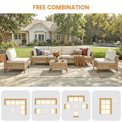 7-Piece Wicker Patio Sectional Sofa with Cushions & Glass Coffee Table. Customized