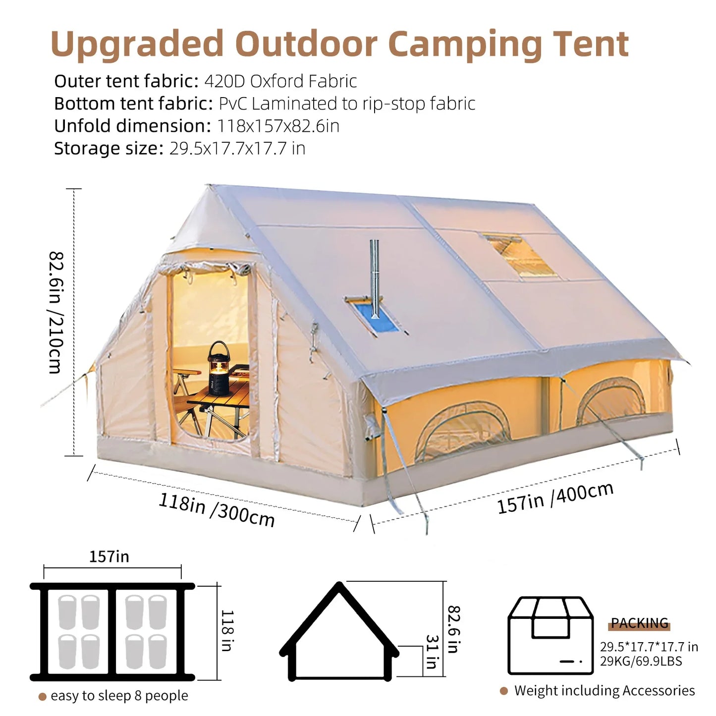 129 Sq ft inflatable tent with Tarp,8 Person Inflatable Camping Tent 4 Seasons