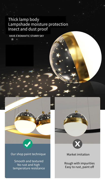 Ring Chandelier with Moon Stars Creative Black/Gold Ring Circle LED Chandelier for Bedroom Dining Room