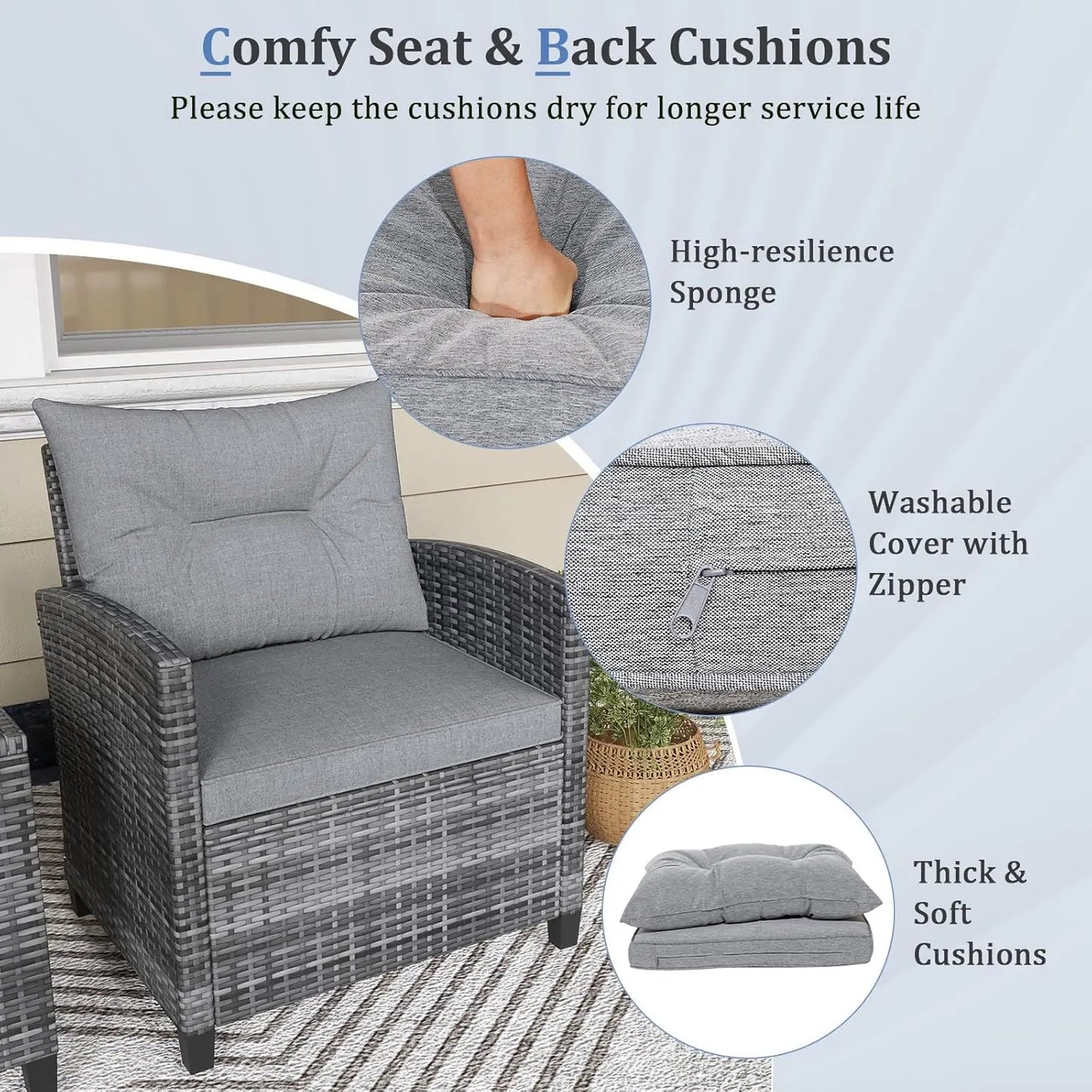 Patio Furniture Set, Outdoor PE Rattan, Washable Cushions & Tempered Glass Tabletop