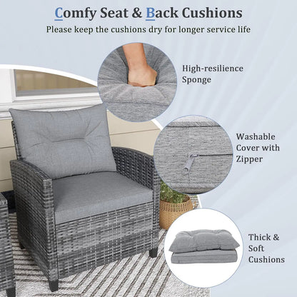 Patio Furniture Set, Outdoor PE Rattan, Washable Cushions & Tempered Glass Tabletop