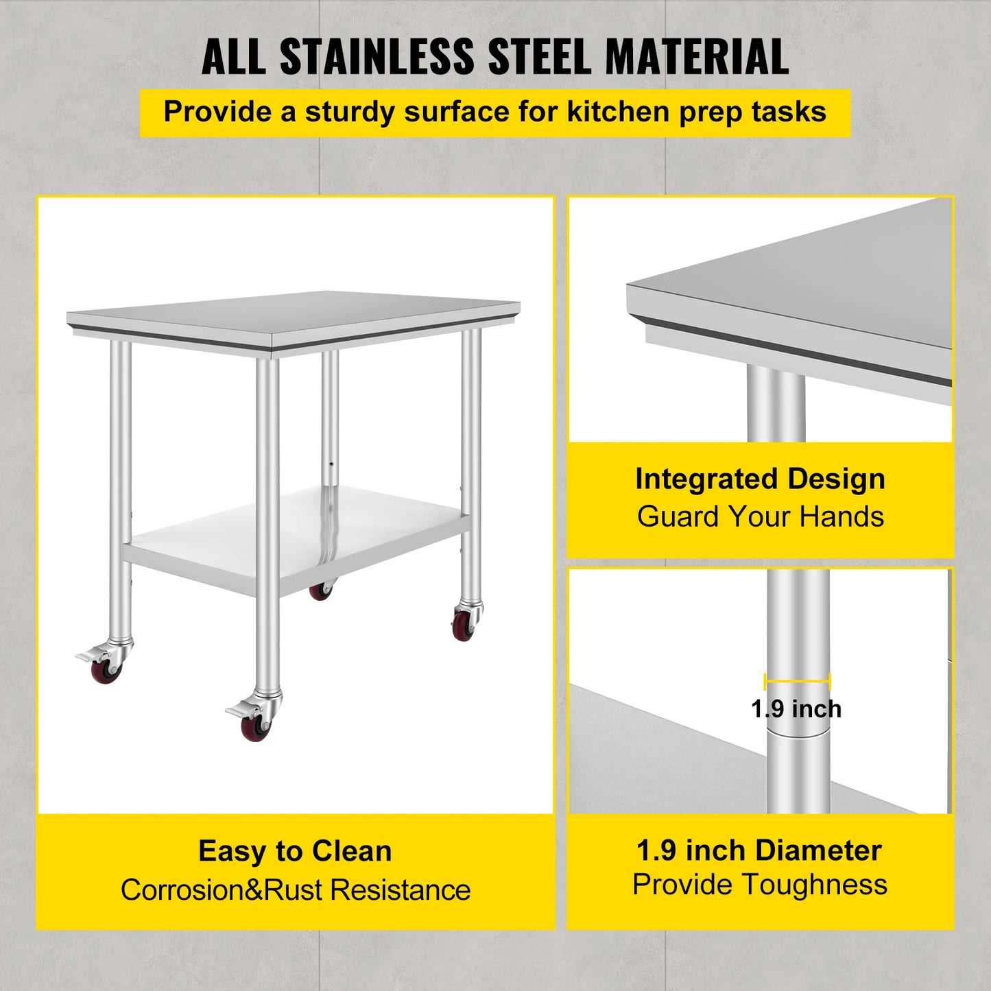 Stainless Steel Kitchen,  Commercial Work Bench Table with Caster Wheels