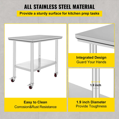 Stainless Steel Kitchen,  Commercial Work Bench Table with Caster Wheels