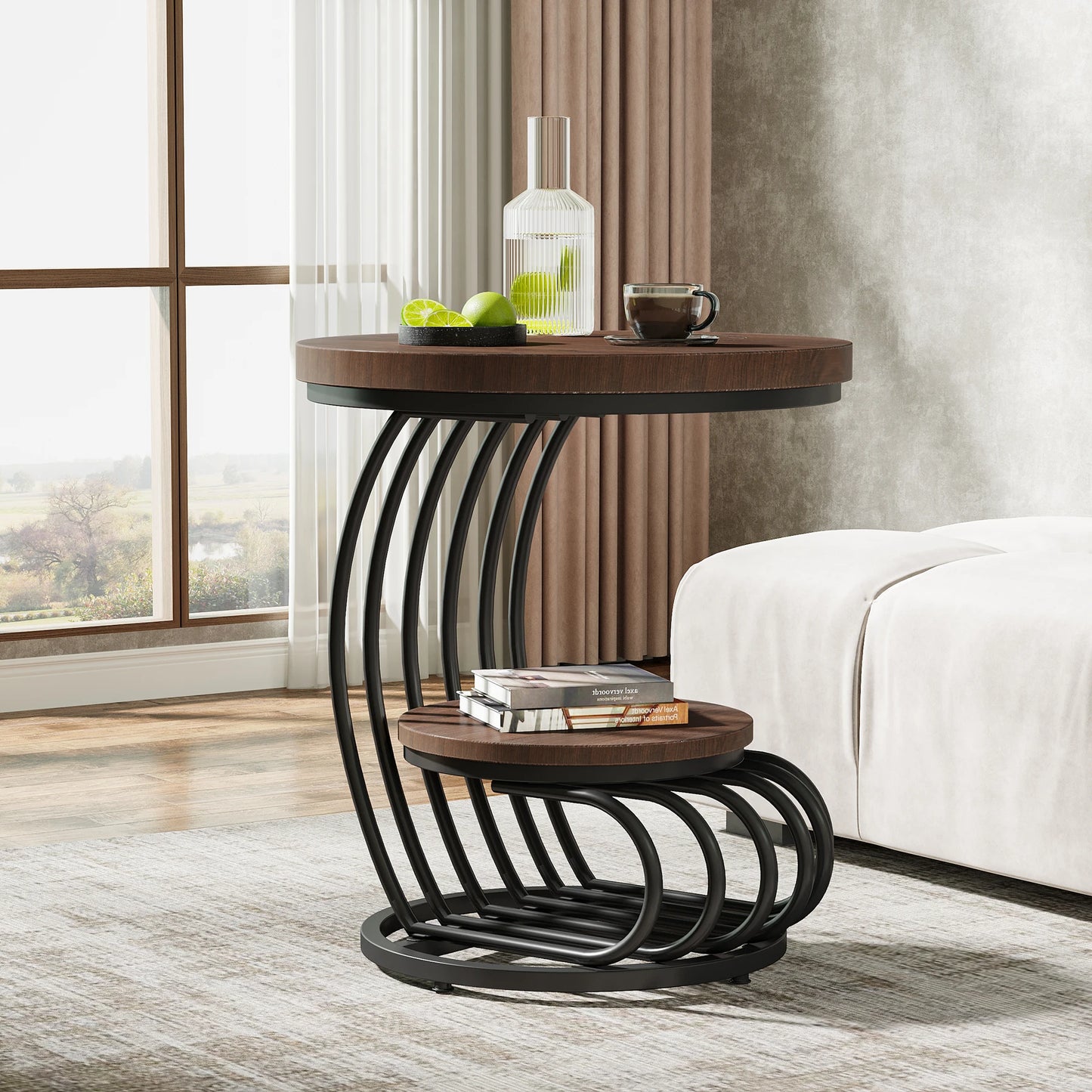 Tribesigns Gold Round End Table: 2 Tiers Faux Marble Side Table with Storage Shelf