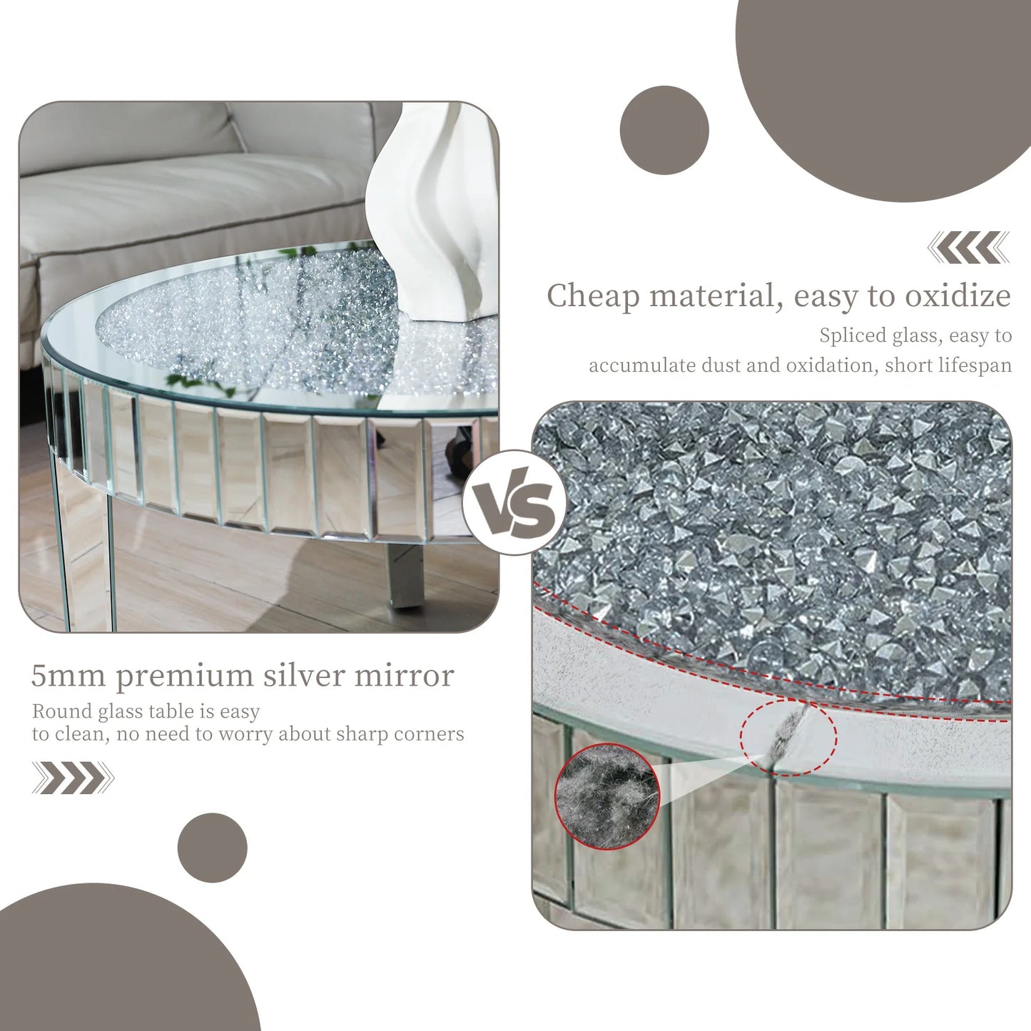 FATIVO Large Round Mirrored Coffee Table Beveled, Crushed Diamond End Table
