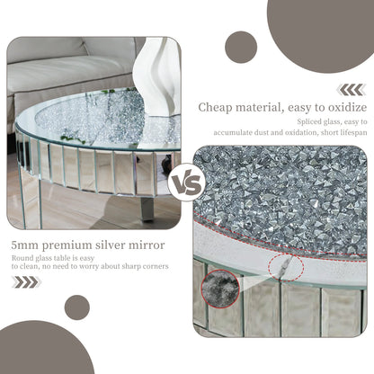 FATIVO Large Round Mirrored Coffee Table Beveled, Crushed Diamond End Table