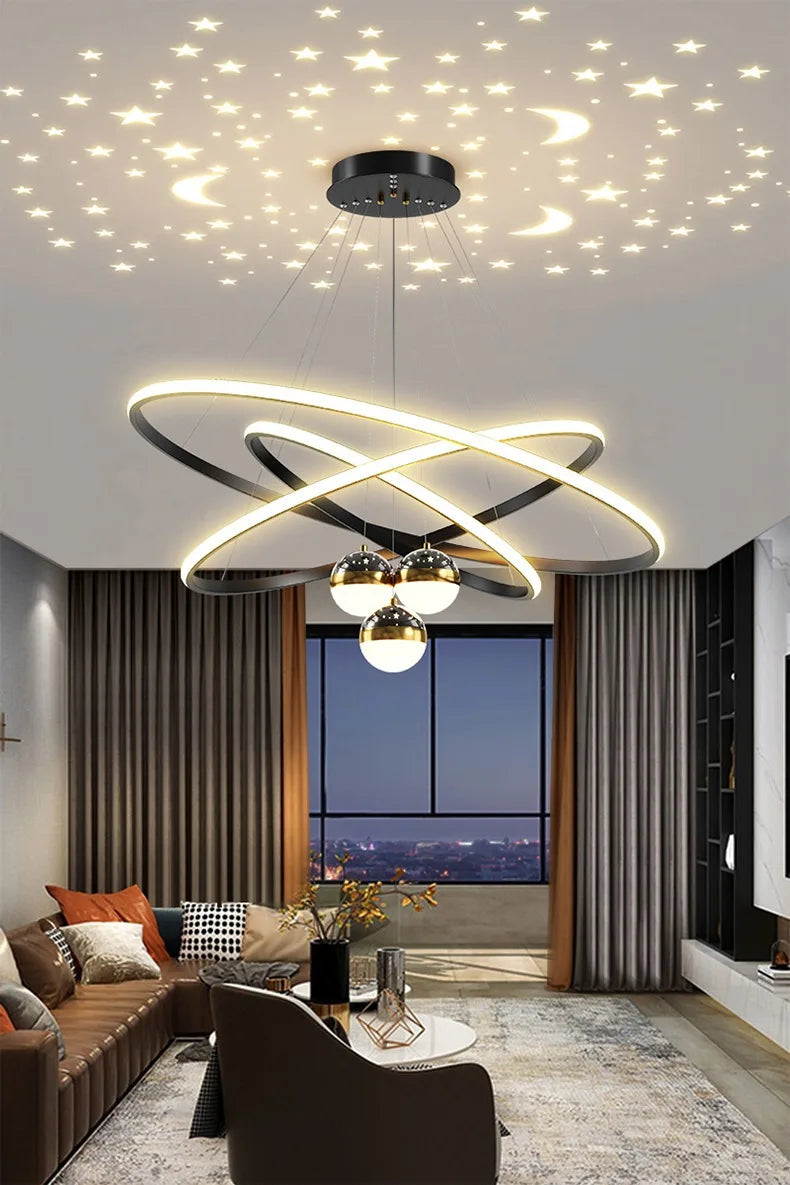 Ring Chandelier with Moon Stars Creative Black/Gold Ring Circle LED Chandelier for Bedroom Dining Room