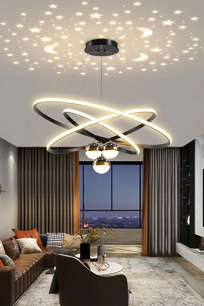 Ring Chandelier with Moon Stars Creative Black/Gold Ring Circle LED Chandelier for Bedroom Dining Room