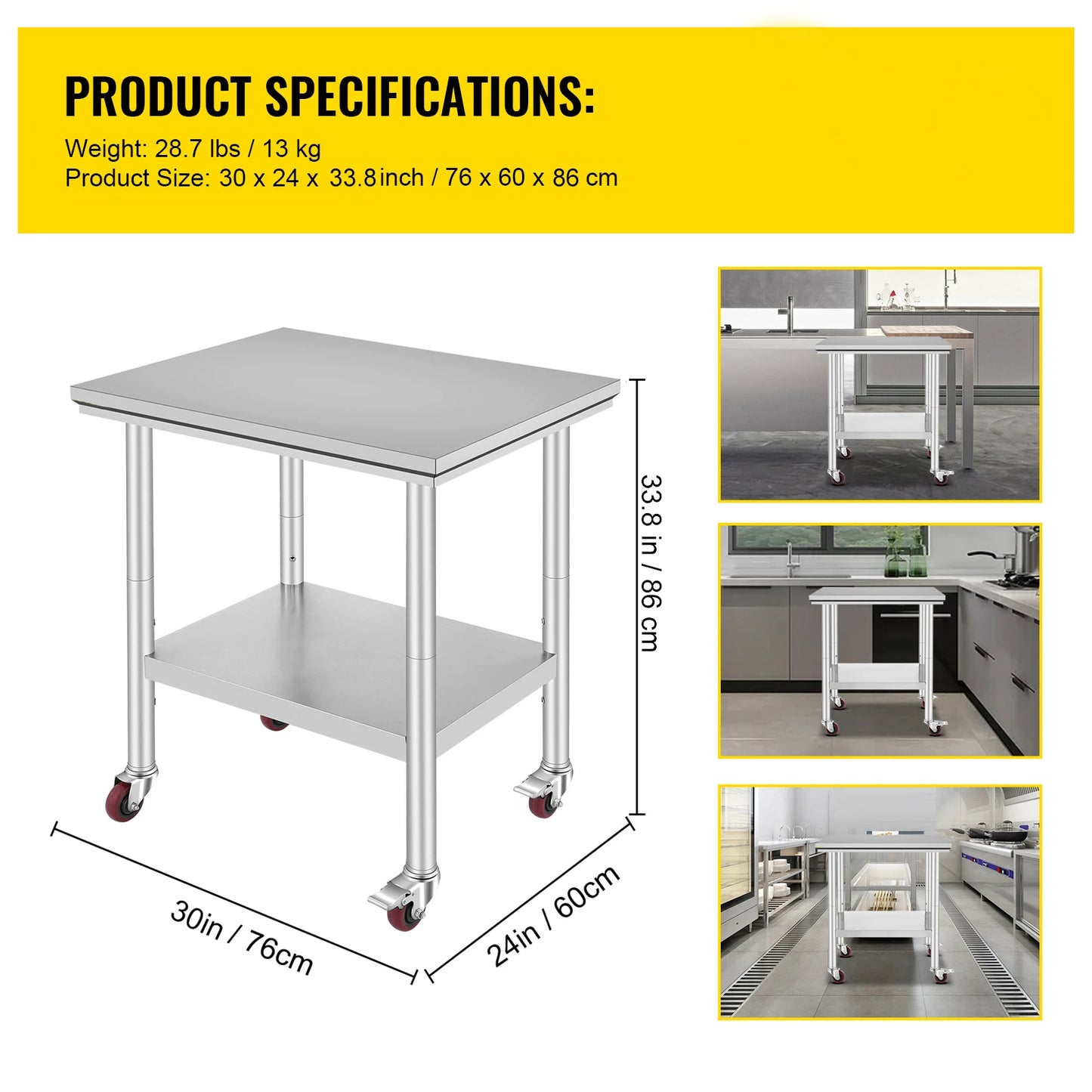 Stainless Steel Kitchen,  Commercial Work Bench Table with Caster Wheels