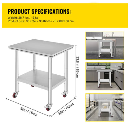 Stainless Steel Kitchen,  Commercial Work Bench Table with Caster Wheels