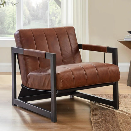Genuine Leathe Mid Century Armchair Black Metal Frame, Customized