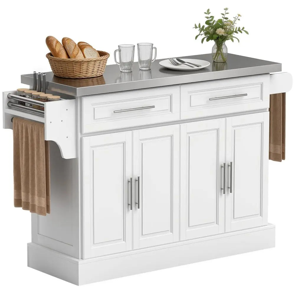 Rolling Kitchen Island Cart with 47 Stainless Steel Top, Portable Island Table for Kitchen with Wheels, Adjustable Shelves, 2 D