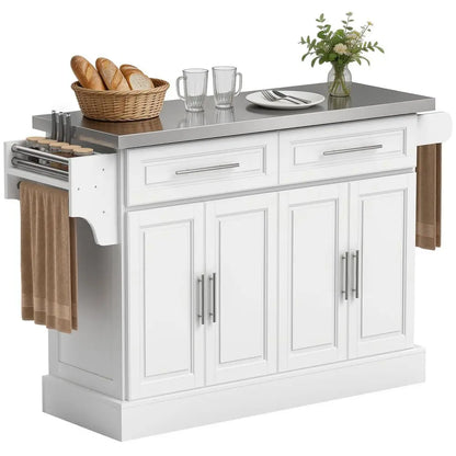 Rolling Kitchen Island Cart with 47 Stainless Steel Top, Portable Island Table for Kitchen with Wheels, Adjustable Shelves, 2 D