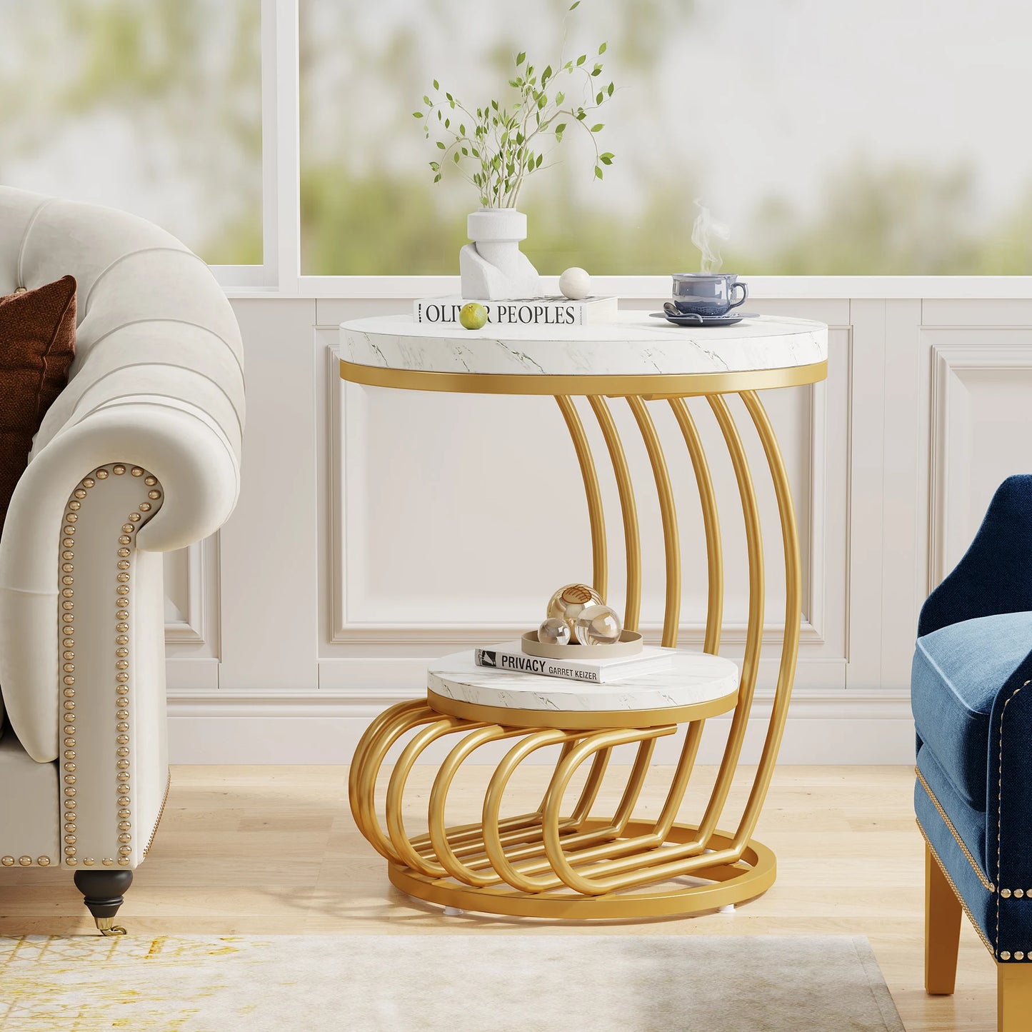 Tribesigns Gold Round End Table: 2 Tiers Faux Marble Side Table with Storage Shelf