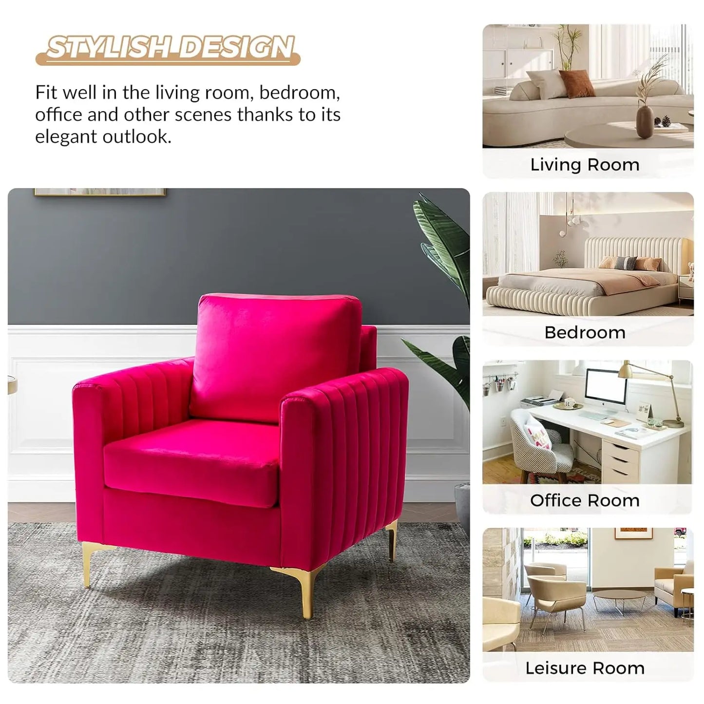 Velvet Accent Chair with Gold Metal Legs, Upholstered Leisure & Reading, Customized