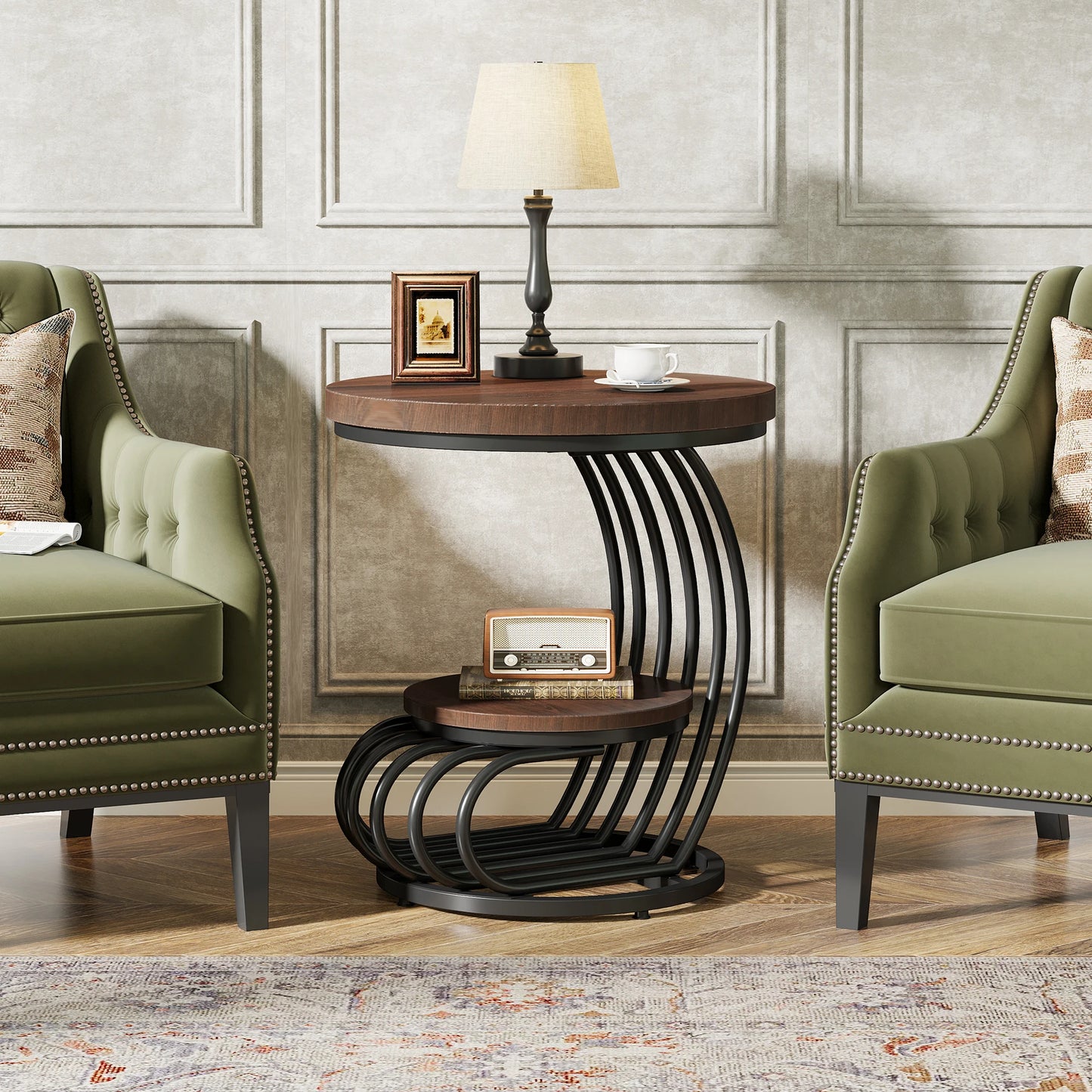 Tribesigns Gold Round End Table: 2 Tiers Faux Marble Side Table with Storage Shelf