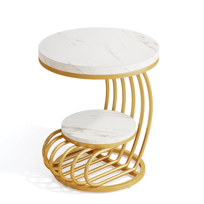 Tribesigns Gold Round End Table: 2 Tiers Faux Marble Side Table with Storage Shelf