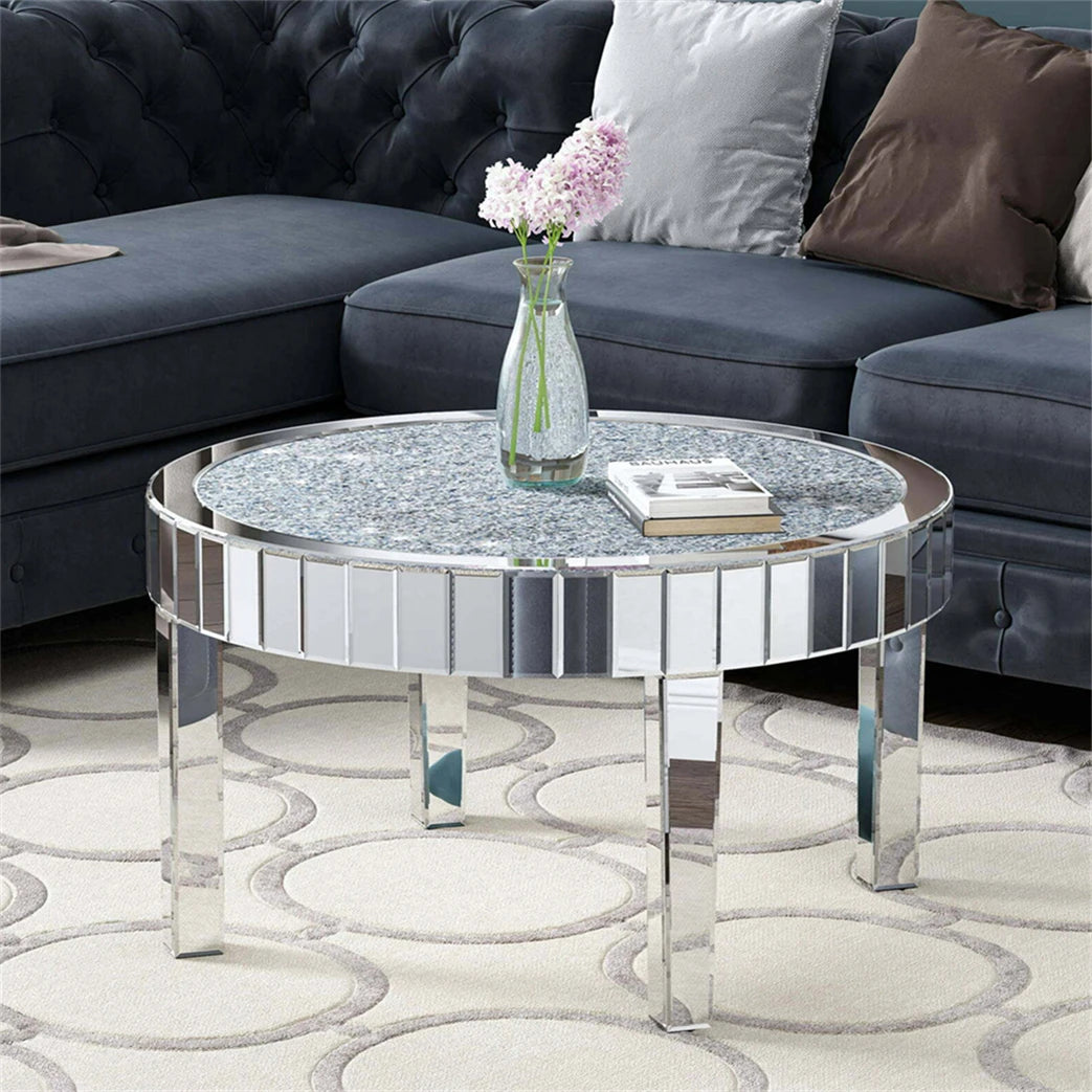 FATIVO Large Round Mirrored Coffee Table Beveled, Crushed Diamond End Table