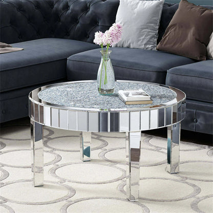 FATIVO Large Round Mirrored Coffee Table Beveled, Crushed Diamond End Table