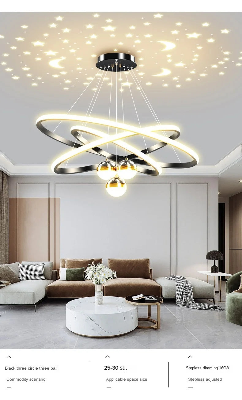 Ring Chandelier with Moon Stars Creative Black/Gold Ring Circle LED Chandelier for Bedroom Dining Room