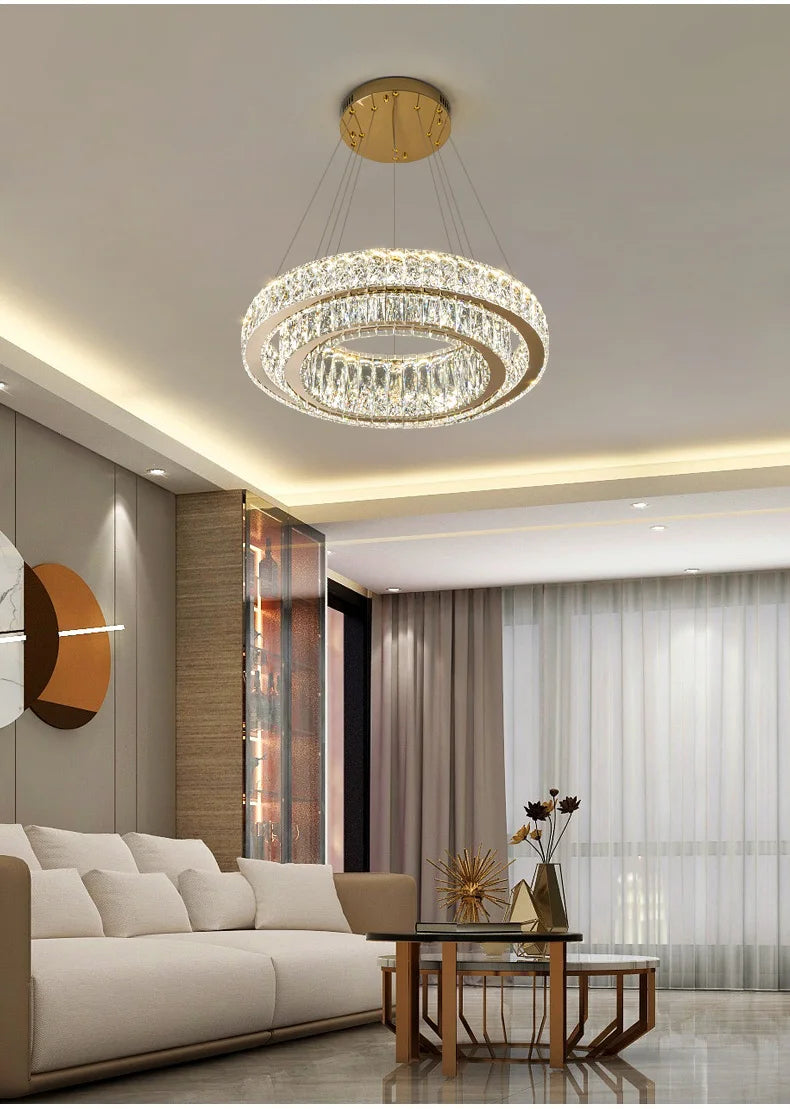 Luxury Gold Ring LED Crystal Chandeliers  Living Dining Room Villa Decoration, Pendant Lights