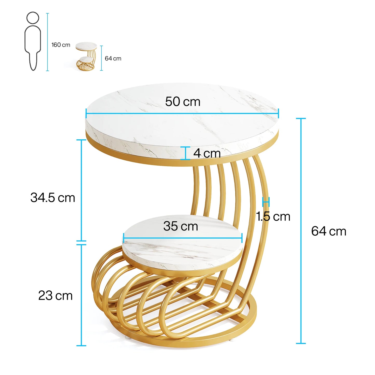 Tribesigns Gold Round End Table: 2 Tiers Faux Marble Side Table with Storage Shelf