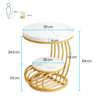 Tribesigns Gold Round End Table: 2 Tiers Faux Marble Side Table with Storage Shelf
