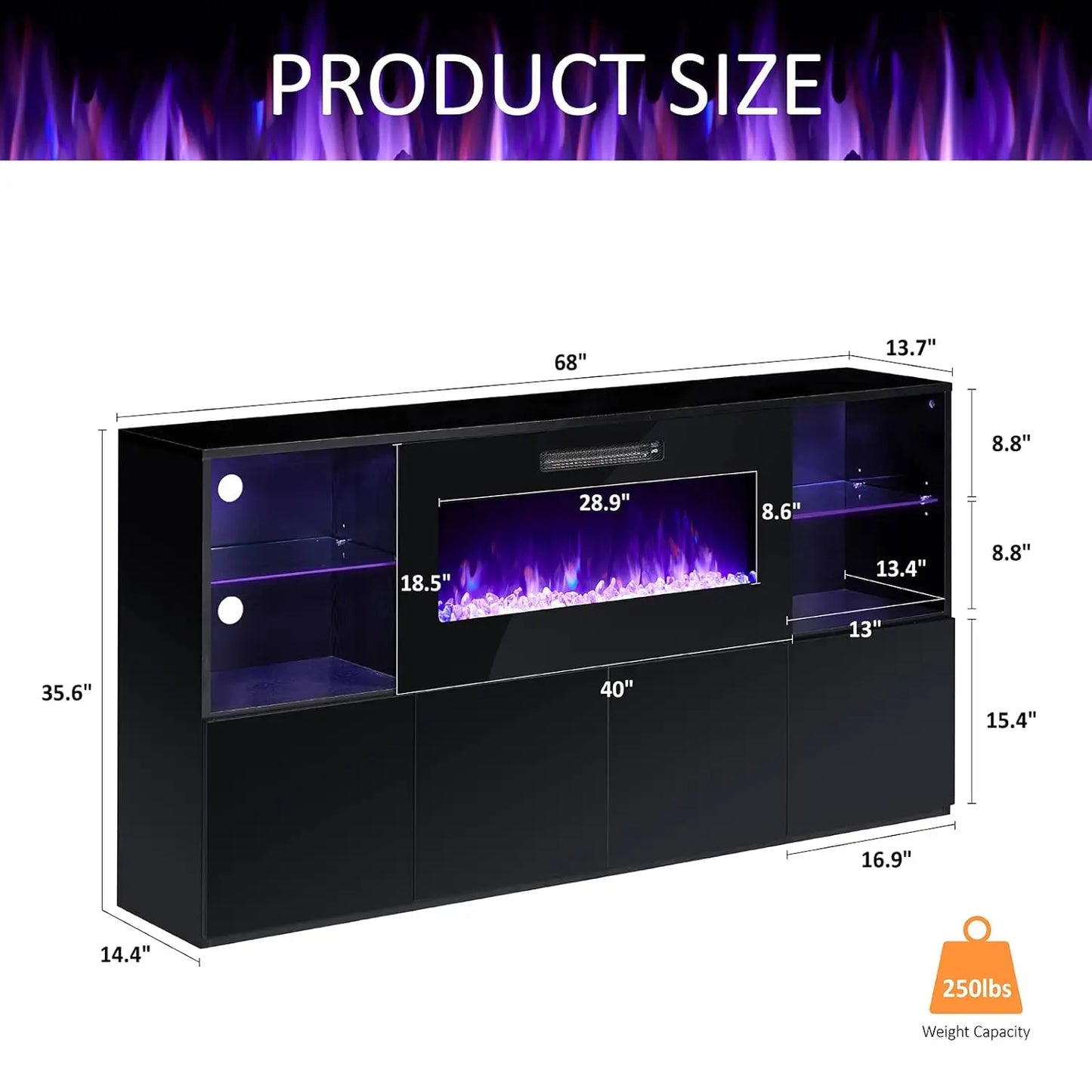 68" High Gloss Fireplace TV Stand with 40" LED Insert, Glass Shelves, Black, Customized