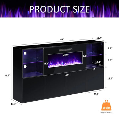68" High Gloss Fireplace TV Stand with 40" LED Insert, Glass Shelves, Black, Customized